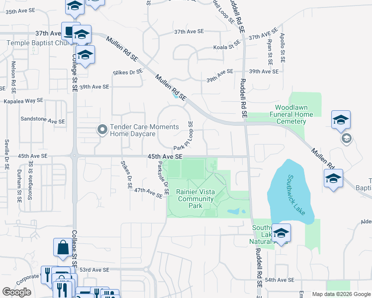 map of restaurants, bars, coffee shops, grocery stores, and more near 5479 Park Place Loop Southeast in Lacey