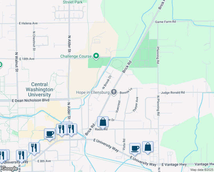 map of restaurants, bars, coffee shops, grocery stores, and more near 1504 North Brook Court in Ellensburg