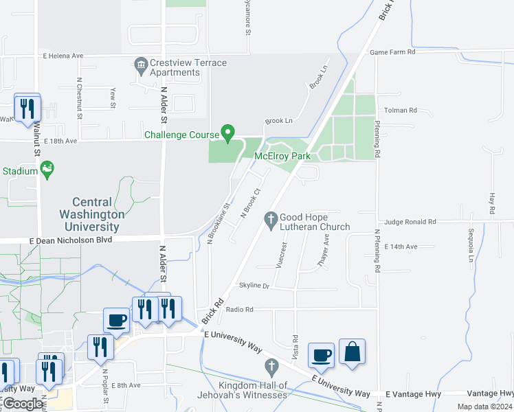 map of restaurants, bars, coffee shops, grocery stores, and more near 1504 North Brook Court in Ellensburg