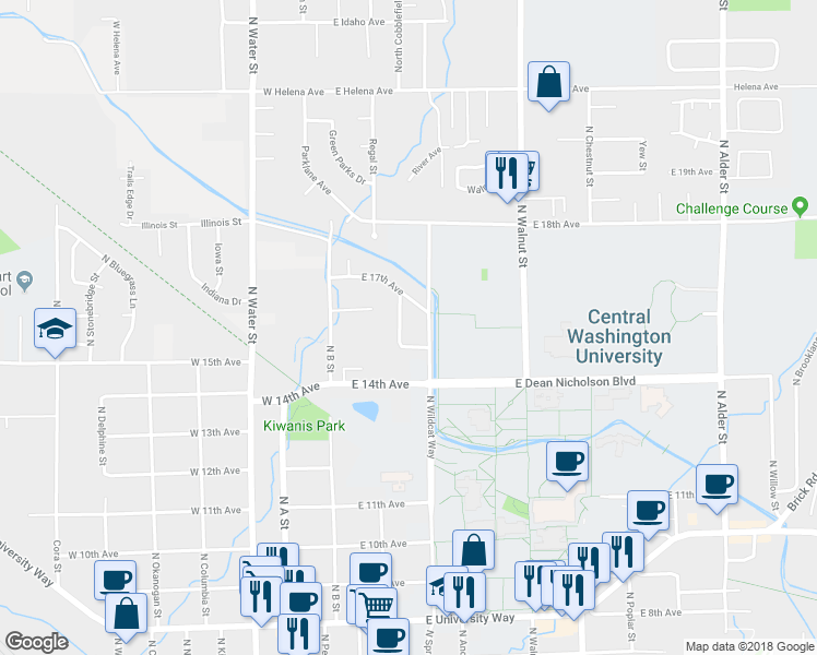 map of restaurants, bars, coffee shops, grocery stores, and more near 206 East 15th Avenue in Ellensburg