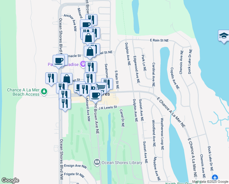 map of restaurants, bars, coffee shops, grocery stores, and more near 160-298 E Chance a La Mer Northeast in Ocean Shores