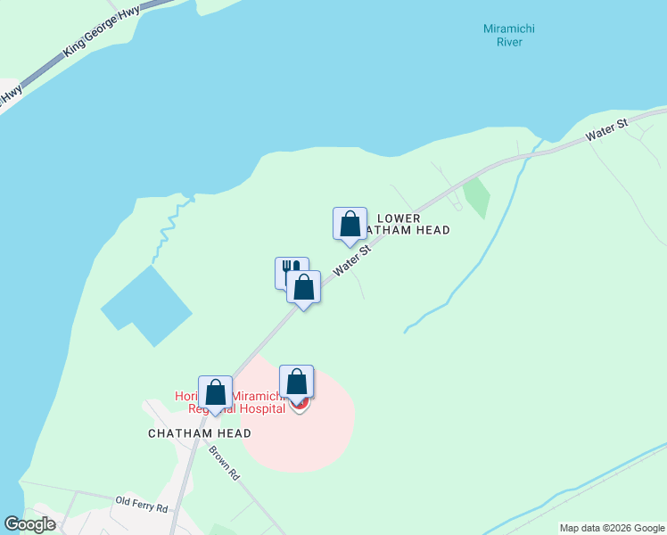 map of restaurants, bars, coffee shops, grocery stores, and more near 623 Water Street in Miramichi