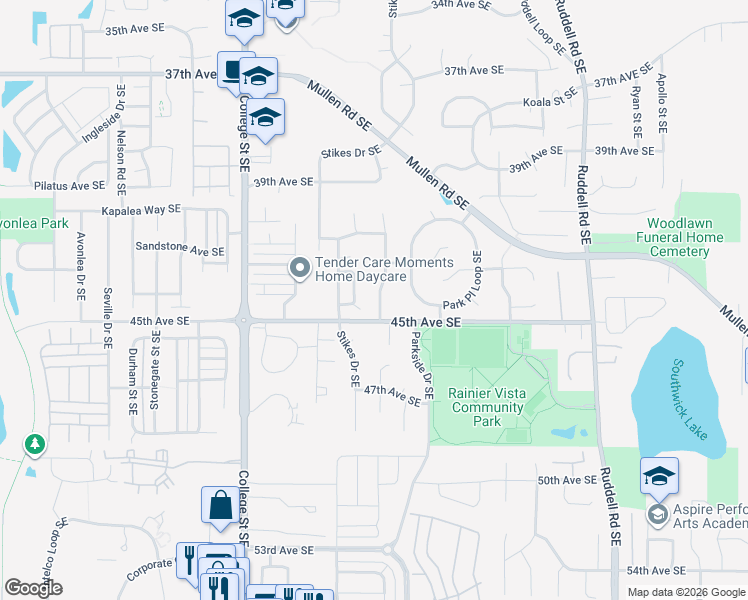 map of restaurants, bars, coffee shops, grocery stores, and more near 5013 45th Avenue Southeast in Lacey