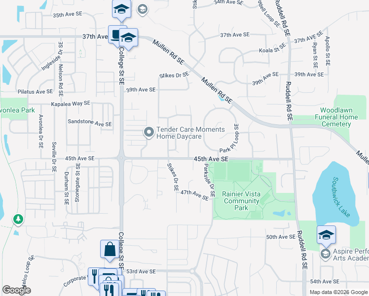 map of restaurants, bars, coffee shops, grocery stores, and more near 5013 45th Avenue Southeast in Lacey