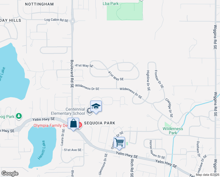 map of restaurants, bars, coffee shops, grocery stores, and more near 2842 45th Loop Southeast in Olympia
