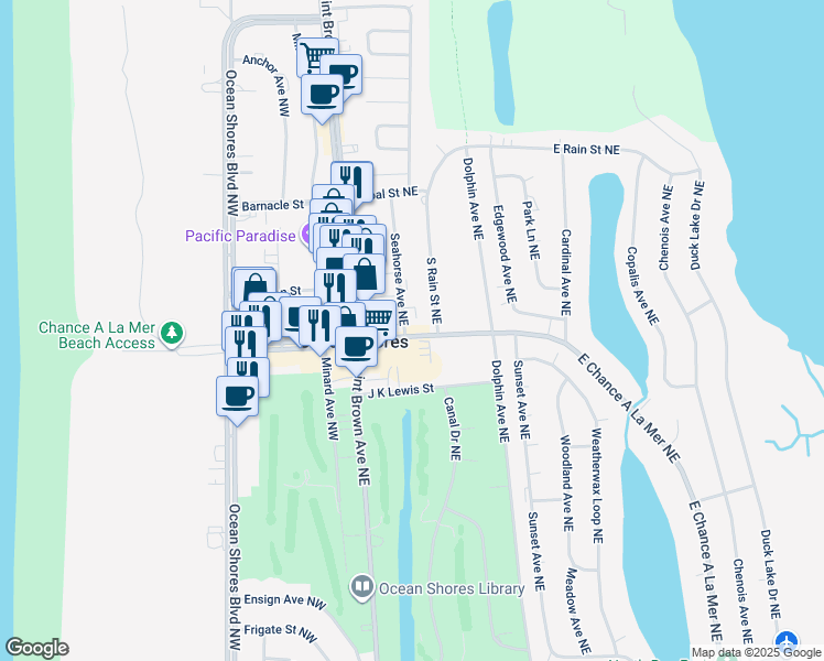 map of restaurants, bars, coffee shops, grocery stores, and more near 131 West Chance a La Mer Northwest in Ocean Shores