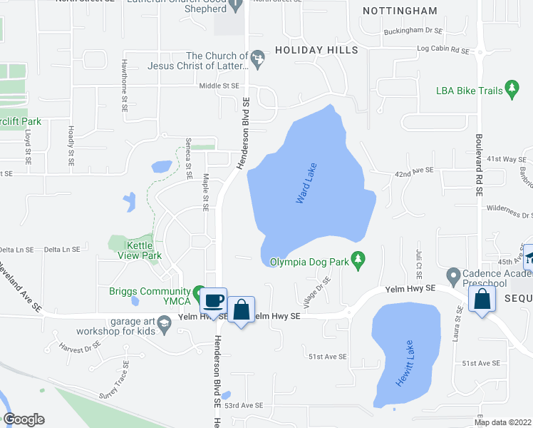 map of restaurants, bars, coffee shops, grocery stores, and more near 4310 Henderson Boulevard Southeast in Olympia