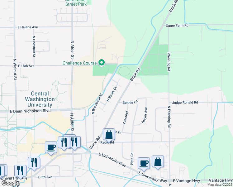 map of restaurants, bars, coffee shops, grocery stores, and more near 1608 North Brook Court in Ellensburg