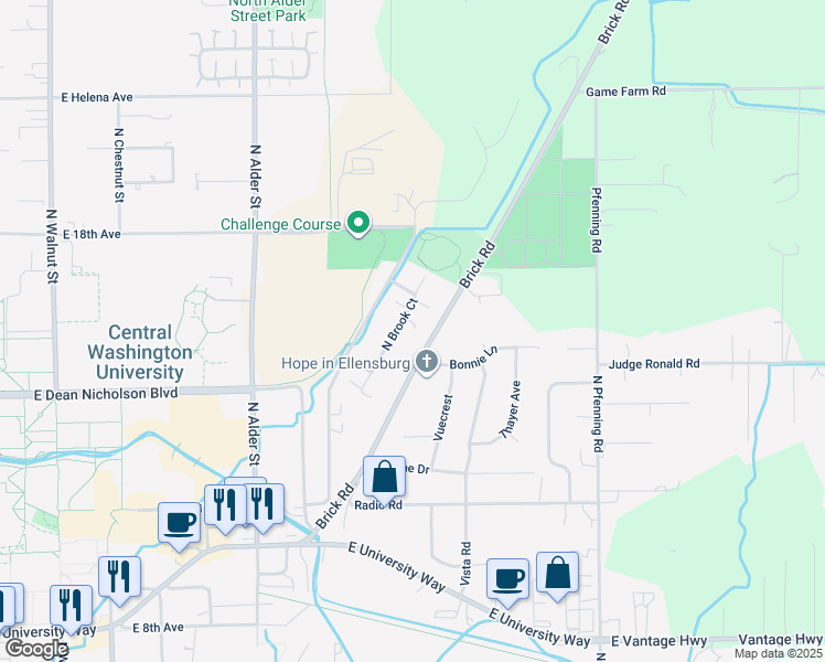 map of restaurants, bars, coffee shops, grocery stores, and more near 1608 North Brook Court in Ellensburg