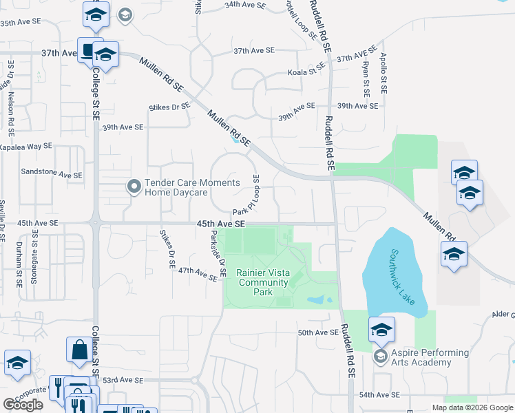 map of restaurants, bars, coffee shops, grocery stores, and more near 4401 Greenbriar Street Southeast in Lacey