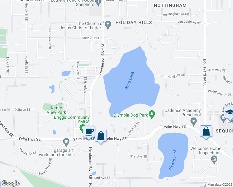 map of restaurants, bars, coffee shops, grocery stores, and more near 4310 Henderson Boulevard Southeast in Olympia