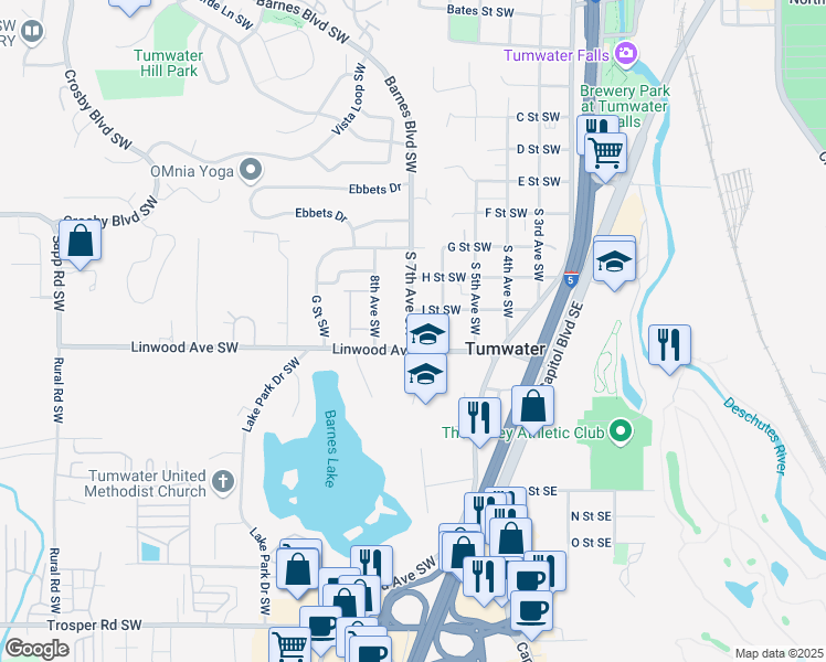 map of restaurants, bars, coffee shops, grocery stores, and more near in Tumwater