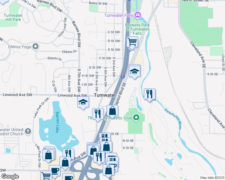 map of restaurants, bars, coffee shops, grocery stores, and more near 823 South 3rd Avenue Southwest in Tumwater