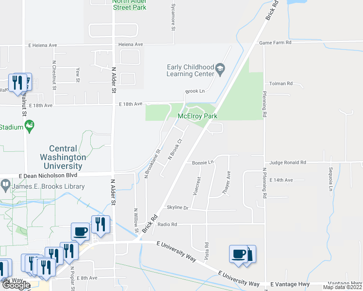 map of restaurants, bars, coffee shops, grocery stores, and more near 1520 North Brook Court in Ellensburg