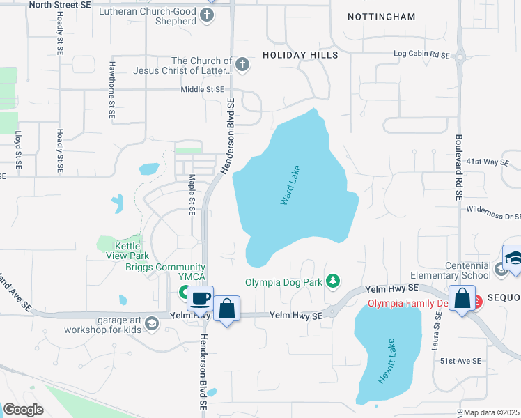 map of restaurants, bars, coffee shops, grocery stores, and more near 4310 Henderson Boulevard Southeast in Olympia