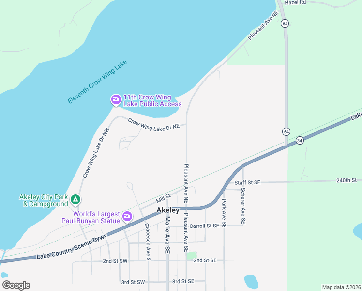 map of restaurants, bars, coffee shops, grocery stores, and more near 360 Crow Wing Lake Drive Northeast in Akeley