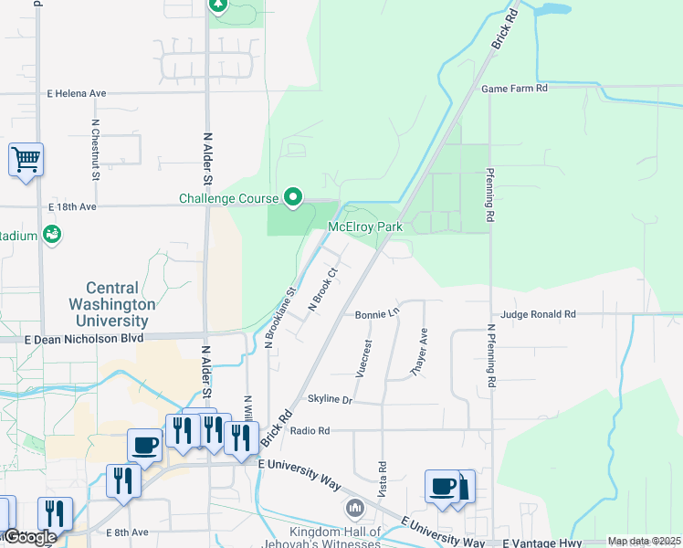 map of restaurants, bars, coffee shops, grocery stores, and more near 1608 North Brook Court in Ellensburg