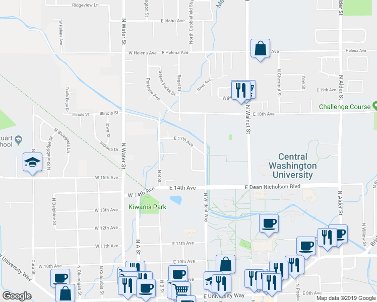 map of restaurants, bars, coffee shops, grocery stores, and more near 1607 North Glen Drive in Ellensburg