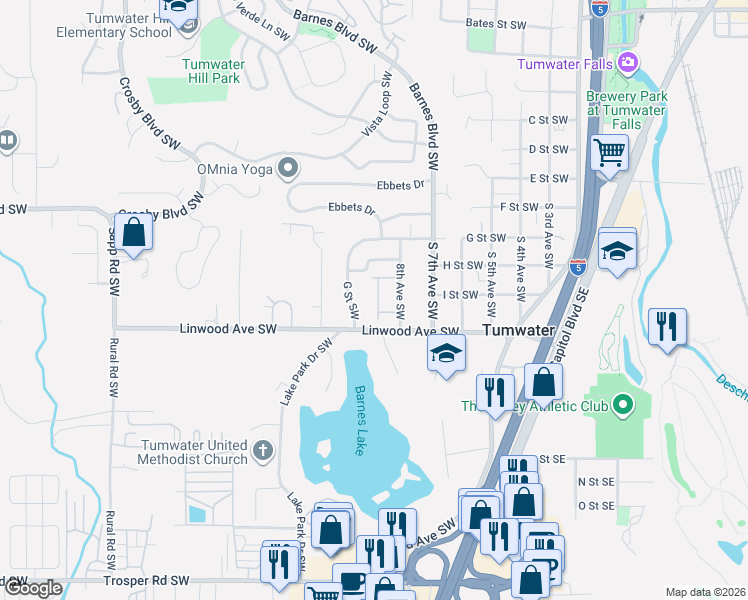 map of restaurants, bars, coffee shops, grocery stores, and more near 1001 G Street Southwest in Tumwater
