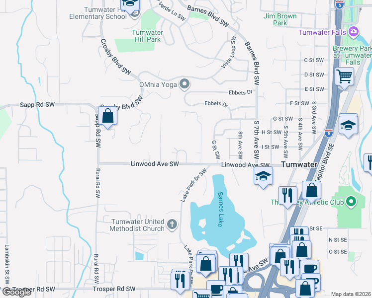 map of restaurants, bars, coffee shops, grocery stores, and more near 1288 Susitna Ln SW in Tumwater