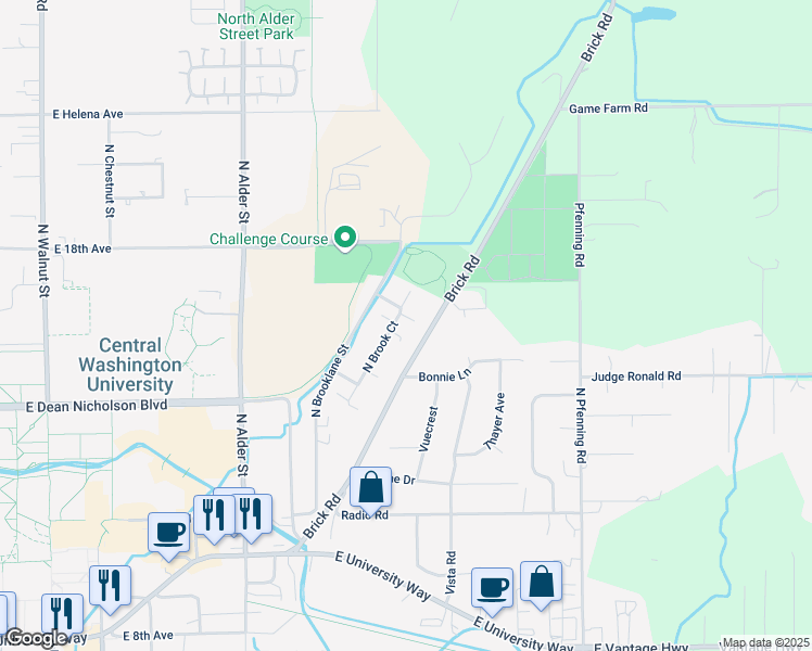 map of restaurants, bars, coffee shops, grocery stores, and more near 1608 North Brook Court in Ellensburg