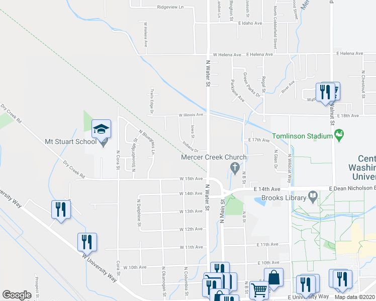 map of restaurants, bars, coffee shops, grocery stores, and more near 312 Indiana Drive in Ellensburg