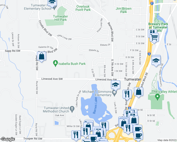 map of restaurants, bars, coffee shops, grocery stores, and more near 868 Pioneer Street Southwest in Olympia