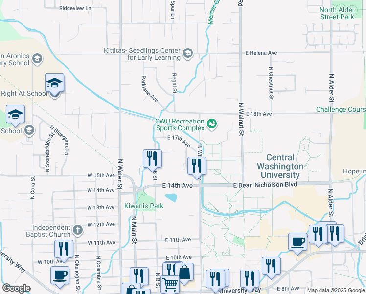 map of restaurants, bars, coffee shops, grocery stores, and more near 1607 North Glen Drive in Ellensburg