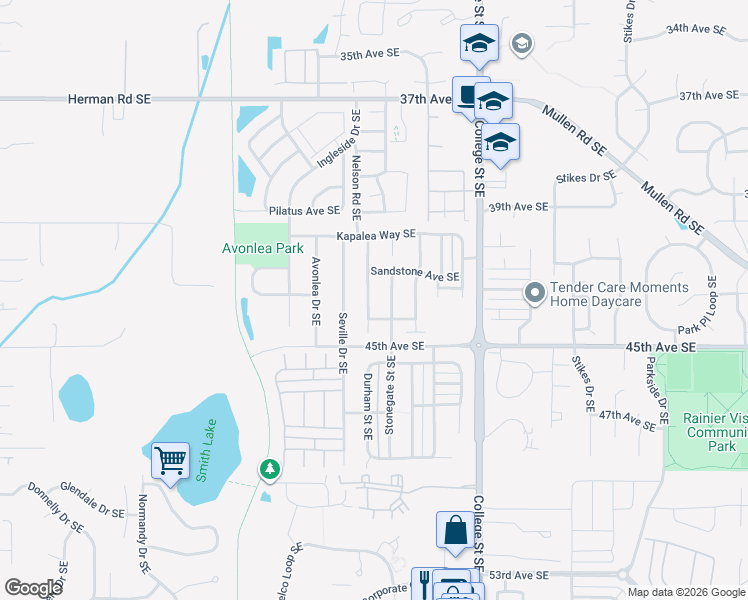 map of restaurants, bars, coffee shops, grocery stores, and more near 4300 Maricite Street Southeast in Lacey