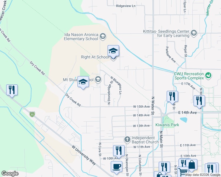 map of restaurants, bars, coffee shops, grocery stores, and more near 1608 North Stonebridge Street in Ellensburg