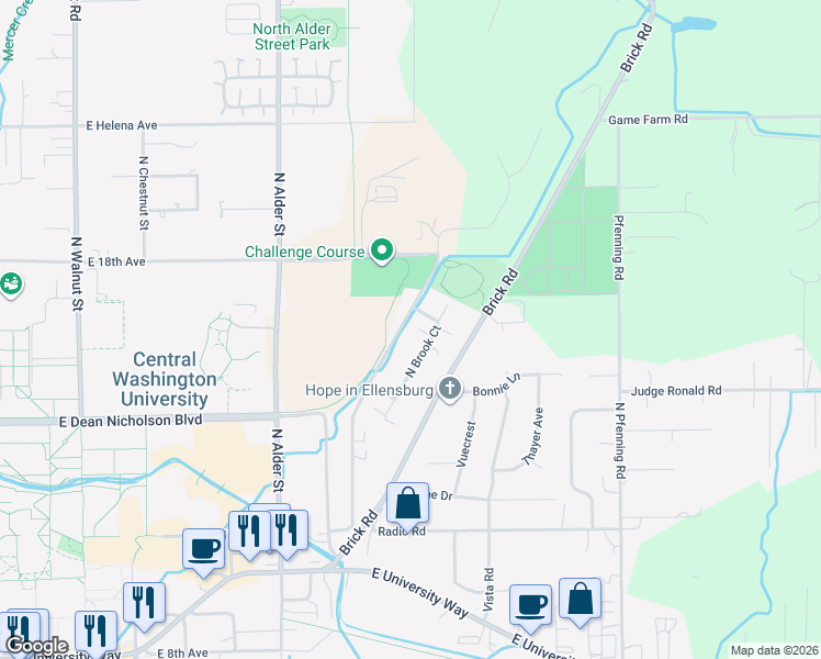 map of restaurants, bars, coffee shops, grocery stores, and more near 1608 N Brooklane St in Ellensburg