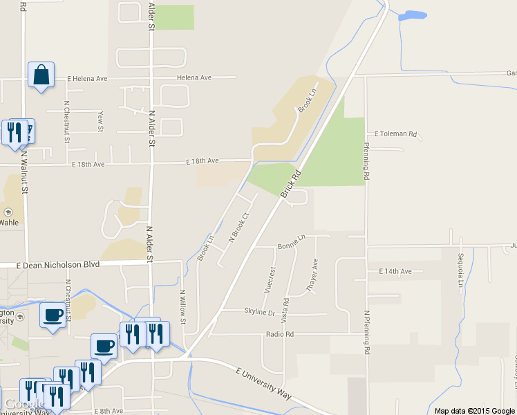 map of restaurants, bars, coffee shops, grocery stores, and more near 1608 North Brook Court in Ellensburg