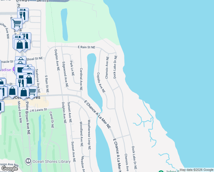 map of restaurants, bars, coffee shops, grocery stores, and more near 717 Chenois Avenue Northeast in Ocean Shores