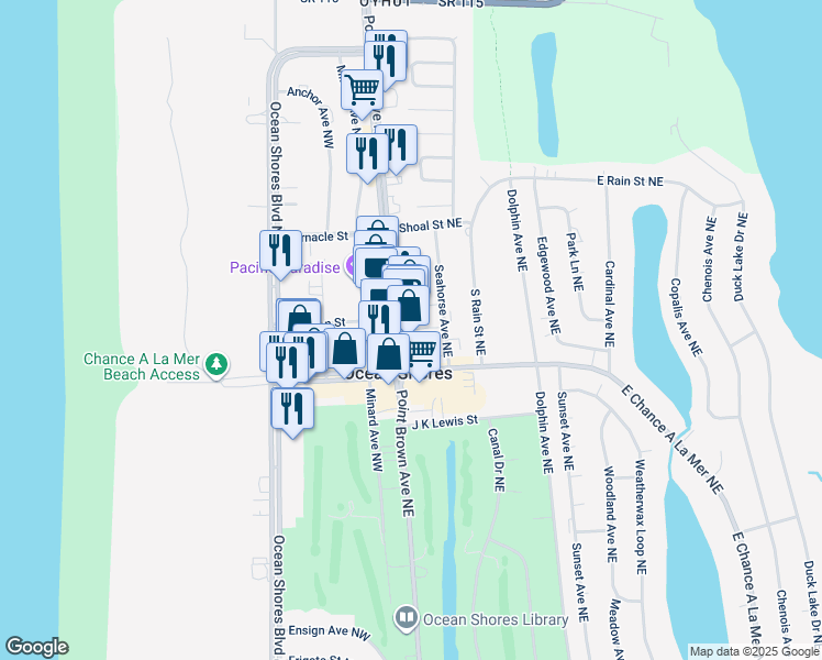 map of restaurants, bars, coffee shops, grocery stores, and more near 728 Point Brown Avenue Northeast in Hoquiam