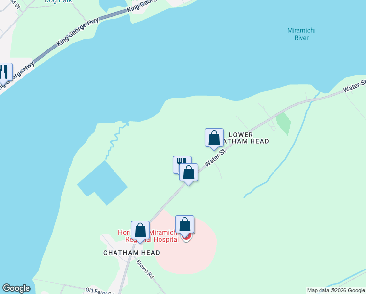 map of restaurants, bars, coffee shops, grocery stores, and more near 623 Water Street in Miramichi