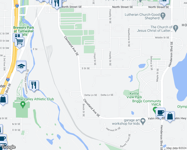 map of restaurants, bars, coffee shops, grocery stores, and more near 696 Hansen Street Southeast in Tumwater