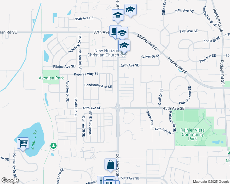 map of restaurants, bars, coffee shops, grocery stores, and more near 4224 Galena Street Southeast in Lacey