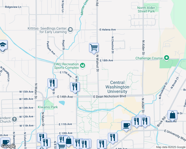 map of restaurants, bars, coffee shops, grocery stores, and more near 1601-1699 North Walnut Street in Ellensburg