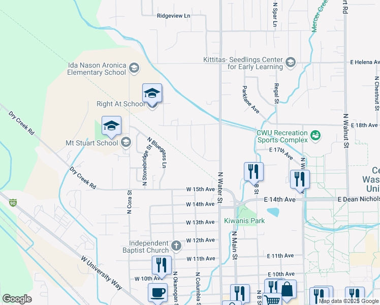 map of restaurants, bars, coffee shops, grocery stores, and more near 402 Indiana Drive in Ellensburg