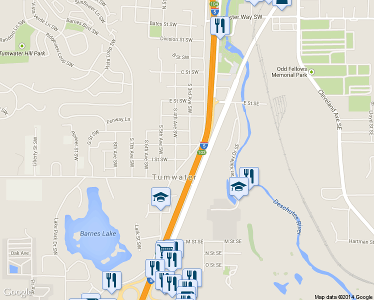 map of restaurants, bars, coffee shops, grocery stores, and more near 823 South 3rd Avenue Southwest in Tumwater