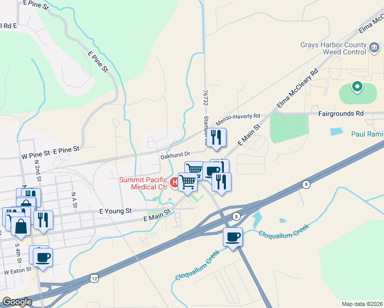 map of restaurants, bars, coffee shops, grocery stores, and more near 702 East Main Street in Elma