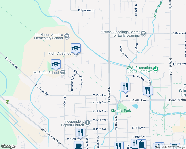 map of restaurants, bars, coffee shops, grocery stores, and more near 402 Indiana Drive in Ellensburg