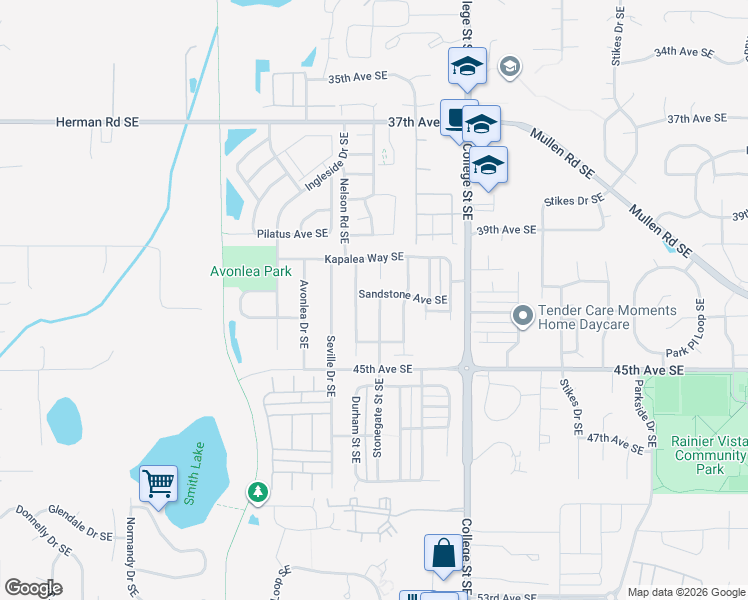 map of restaurants, bars, coffee shops, grocery stores, and more near 4300 Maricite Street Southeast in Lacey