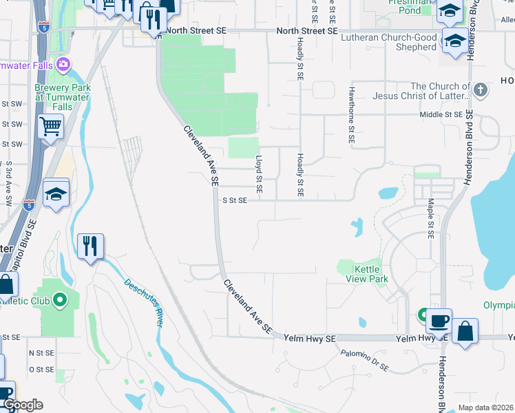 map of restaurants, bars, coffee shops, grocery stores, and more near 715 Hansen Street Southeast in Tumwater