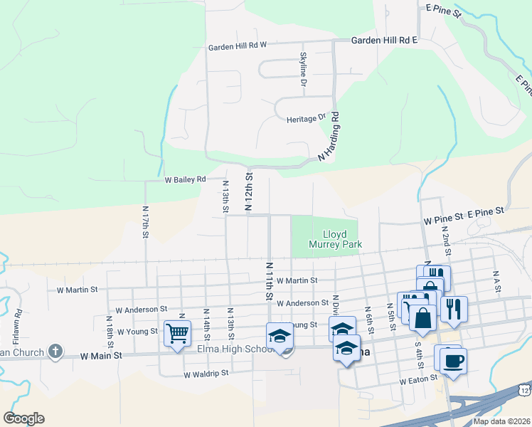 map of restaurants, bars, coffee shops, grocery stores, and more near 530 North 11th Street in Elma