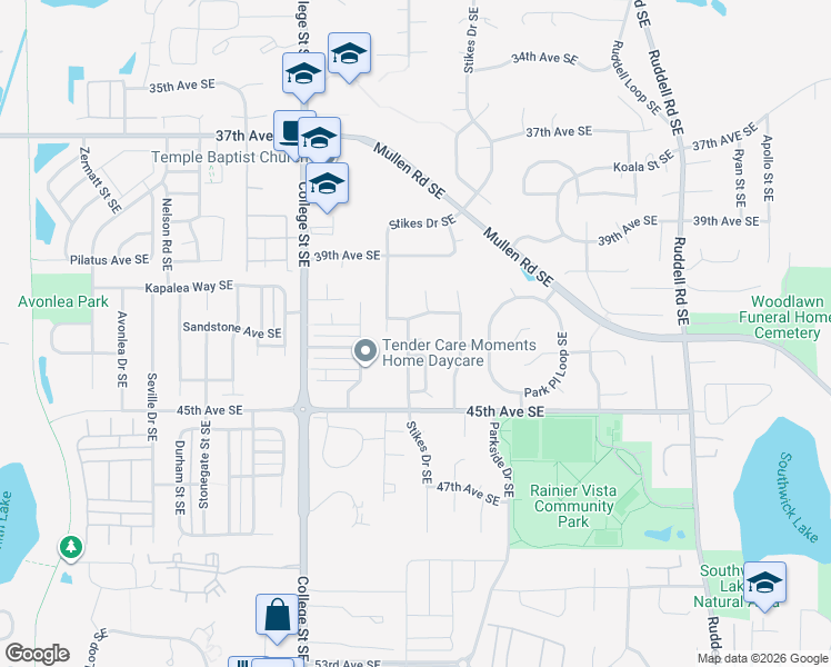 map of restaurants, bars, coffee shops, grocery stores, and more near 4180 Stikes Drive Southeast in Lacey
