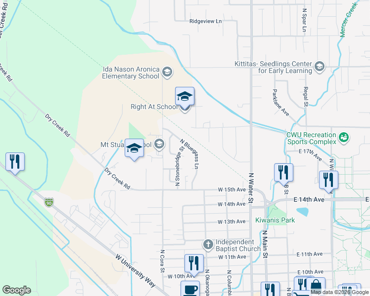 map of restaurants, bars, coffee shops, grocery stores, and more near 1608 North Stonebridge Street in Ellensburg