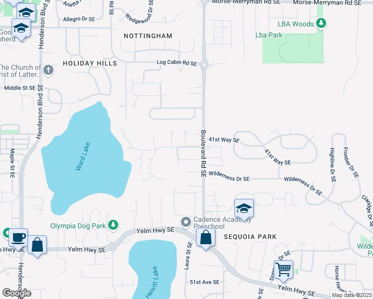 map of restaurants, bars, coffee shops, grocery stores, and more near 4110 Debbie Court Southeast in Olympia