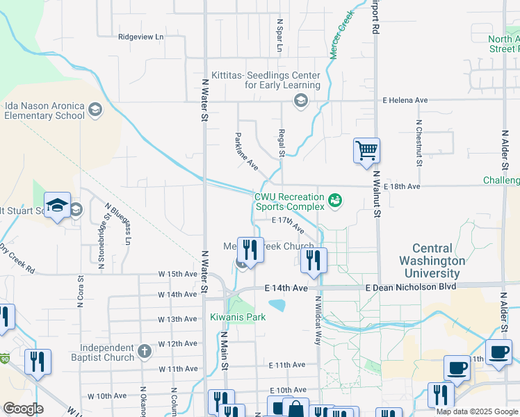 map of restaurants, bars, coffee shops, grocery stores, and more near 1703 College Place in Ellensburg