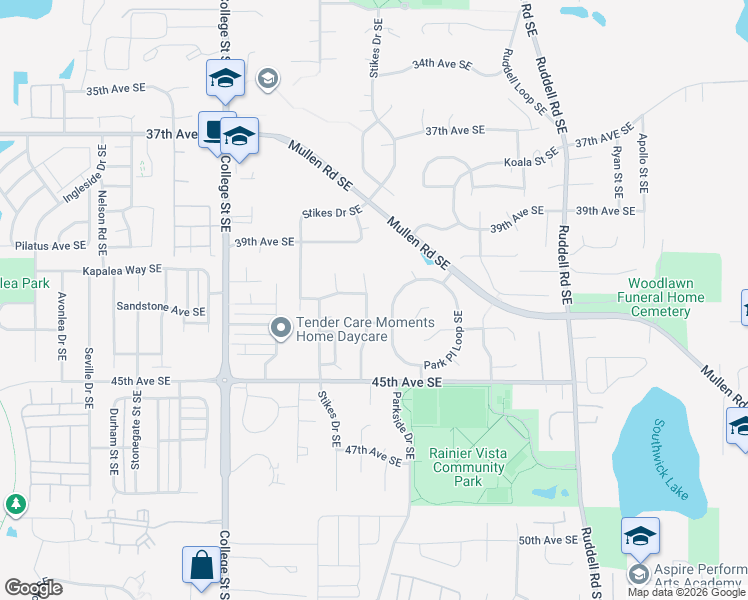 map of restaurants, bars, coffee shops, grocery stores, and more near 4104 Quail Drive Southeast in Lacey